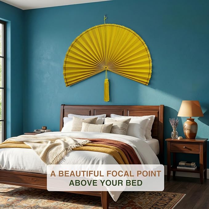 SUCHUBU Honey Yellow Wall Fan, 47" Premium Handwoven Bamboo Decor, Large Japanese Hanging Fan, Luxurious Asian Wall Art, Shimmering Boho Decor, Artisan Crafted Weaving (Yellow, Large)