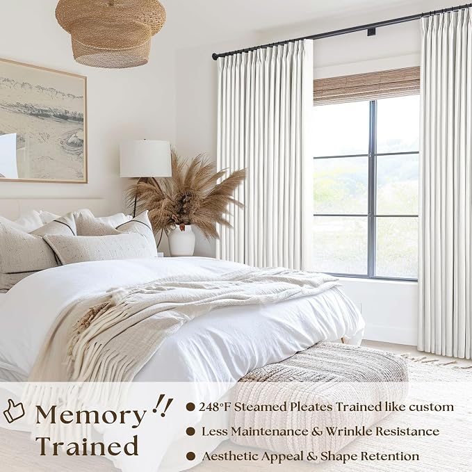 Extra Wide 60 Inch Width Blackout Curtains 92 Inches Long for Bedroom Living Room Darkening Linen Pinch Pleated Office Thermal Insulated Ceiling Track Window Sliding Door Drapes Beige White 1 Panel