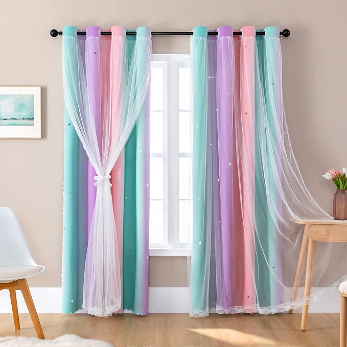 XiDi Curtains for Bedroom Decor, Rainbow Blackout Curtains for Kids/Little Girl Room Decor, Unicorn Wall Decals,1 Panel PinkPuGreen-62-63