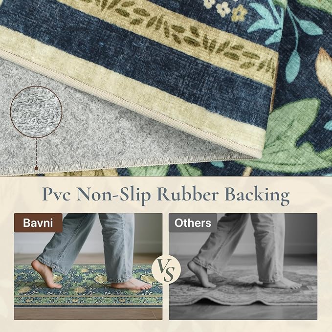 Bavni 3x5 Area Rugs, Floral Machine Washable Rugs for Living Room, Dinning Room, Bedroom, Non Slip Aesthetic Vintage Low Pile Durable Lightweight Farmhouse Rug, Tea Green/Blue