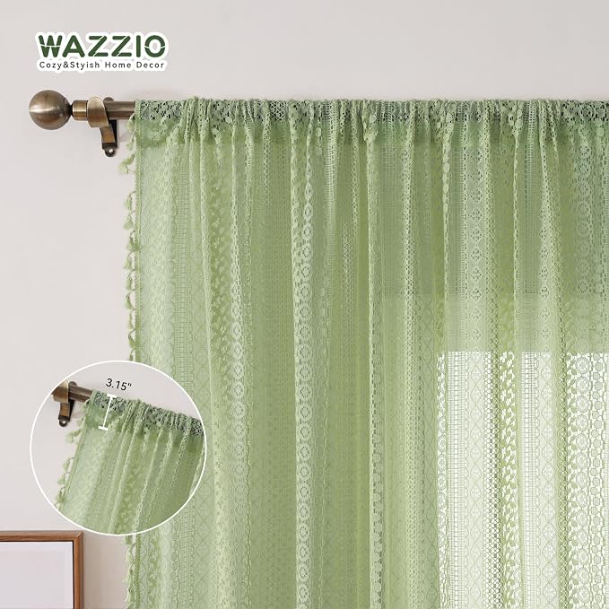 WAZZIO Boho Lace Curtains 63 Inches 2 Panel,Light Filtering Privacy Tassel & Geometry Crochet Semi Sheer Curtain Drapes for Bedroom Living Dining Room,Rod Pocket & Tassel,Grass Green