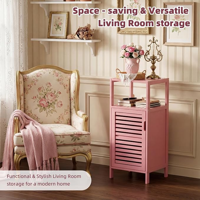 HITNET Small Bathroom Storage Cabinet, Bamboo Floor Cabinet Single Door, Freestanding Narrow Side Organizer for Living Room Hallway Entryway, Pink