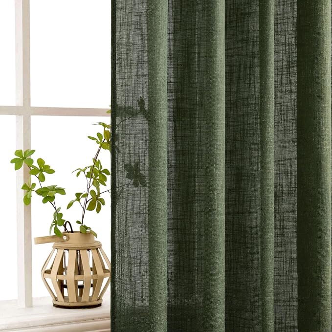 MIULEE Olive Green Linen Curtains 84 Inch Length for Bedroom Living Room, Soft Thick Linen Textured Window Drapes Semi Sheer Light Filtering Back Tab Rod Pocket Burlap Look Christmas Decor, 2 Panels
