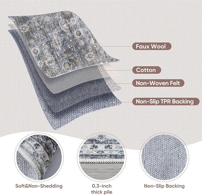 Rugcomf Living Room Rug 6x9 Rug Machine Washable Boho Soft Area Rug Non Slip Vintage Low Pile Large Rug for Living Room, Bedroom, Farmhouse, Dining Room, Kids Playroom(Grey)