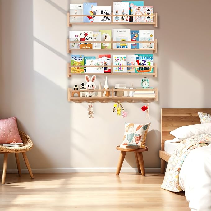34Inch Nursery Book Shelves Wall Mounted, Floating Book Shelf for Kids Coat Rack with 6 Hooks, Wall Hanging Shelf for Baby Nursery Room Organizer ，Patent Number:US-D1058229-S(4, Burlywood)