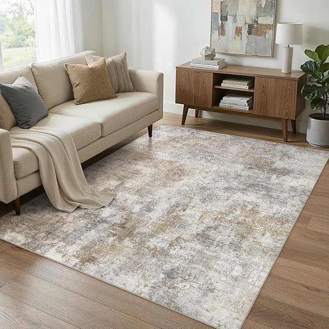 WITSHOCK Area Rugs 5x7 Living Room Rug - Washable Neutral Soft Low Pile Non-Slip Modern Abstract Thin Large Indoor Carpet for Bedroom Dining Room Nursery Office - Light Brown Grey