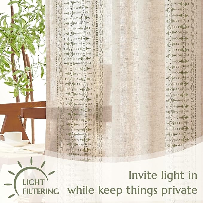 jinchan Boho Curtains for Bedroom Linen Blend Curtains Sage Green Embroidered Bordered Living Room Drapes 96 Inch Length Light Filtering Grommet Window Treatments 2 Panels Sage on Beige