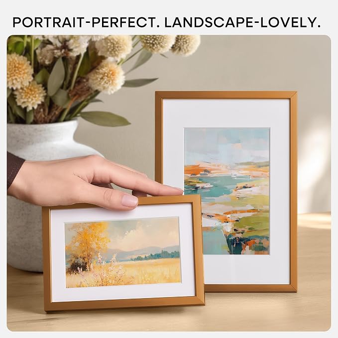 Homeforia A4 Picture Frame Bronze, High End Metal 8.3 x 11.7 inch Brass Poster Frames with Mat 5.8 by 8.3 Print, A4 Frames Matted to A5 Photo, 8.3x11.7 Wall or Tabletop Frame, Tempered Glass, Set of 1