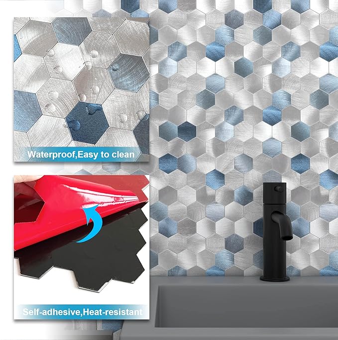 BeNice Peel and Stick Backsplash Hexagon for Kitchen 3D Adhesive Metal Wall Tile Stickers 10pcs Blue