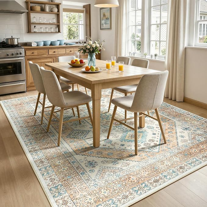 Lofus Vintage Living Room Rugs 8x10, Soft Machine Washable Area Rug for Bedroom Indoor Floor Home Office House Decor, Oriental Traditional Distressed Farmhouse Carpet, Boho Beige and Orange