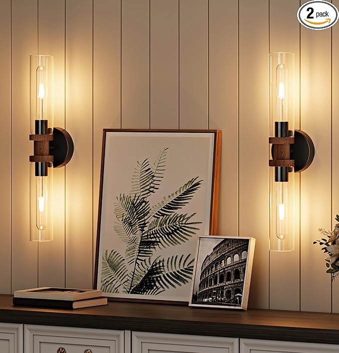 Rayogale Black & Walnut Wireless Battery Operated Wall Sconce with Remote | Dimmable Rechargeable Wall Lights Set of 2, Timer, No Hardwire, Touch Control, 8000mAh, 3000K, Glass, Emergency, 16.5 Inch