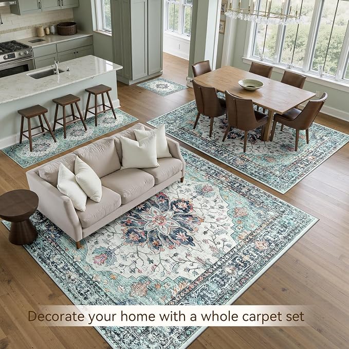 RELEANY Area Rugs 8'x10' Washable Non-Slip, Floral Vintage Distress Medallion Carpet for Living Room Bedroom Dining Room, Green Navy Blue White Red Teal