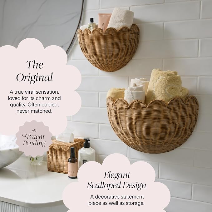 BEBE BASK The Original Scalloped Wicker Wall Basket – Set of 2 – Handwoven Scalloped Wall Baskets (16 x 10 x 7 in), Woven Rattan Wall Hanging Baskets - Mocca Scalloped Basket