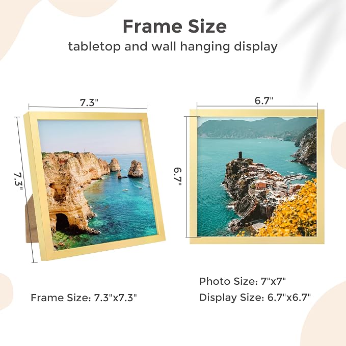 FLYJOE 7x7 Metal Picture Frame - Gold Aluminum Square Frames with Real Glass, Wall Mounting Horizontally or Vertically, Simple and Elegant Decor for Wall Gallery Poster Photo Frames, Gold