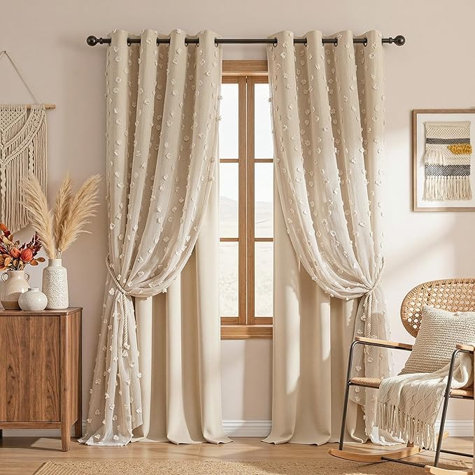 MYSKY HOME Beige Curtains for Bedroom 72 Inches Long Nursery Curtains Pom Pom Beige Sheer Curtains for Girls Room Double Layer for Toddler Bedroom Grommet Room Darkening Window Panels 52 x 72 Inch