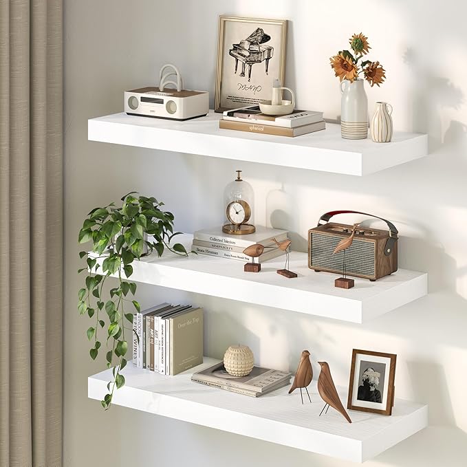 White Floating Shelves 48Inch Long, 12 Inch Deep Floating Shelves for Wall, 48 x 12 Large Floating Shelf for Fireplace Mantel, 2" Thicked Rustic Wall Shelves for Living Room, Bedroom Storage, 2 Packs
