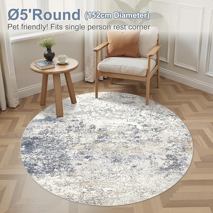 DMOYEST 5ft Round Area Rug Living Room Rugs - 5x5 Washable Large Soft Indoor Neutral Modern Abstract Low Pile Rug Carpet for Bedroom Dining Room Farmhouse Home Office - Beige Blue