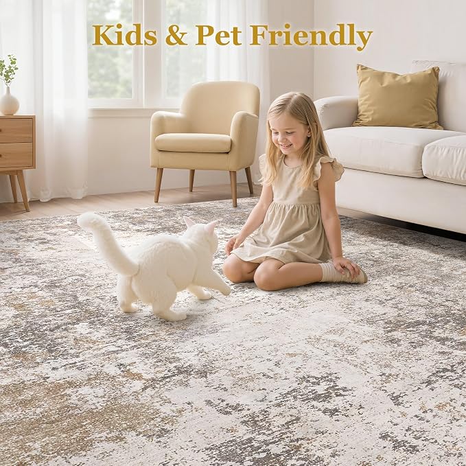 9x12 Area Rugs for Living Room - Washable Living Room Rug 9x12, Large Abstract Modern Neutral Soft Carpet with Non-Slip Backing, Stain Resistant for Bedroom Dining Indoor Decor (Brown Grey)