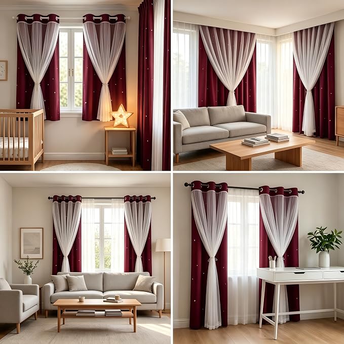 Kids Blackout Curtains for Bedroom/Living Room/Classroom, Sheer Overlay Small 2 Panel Set, Double Layer Curtains with Star Cutout for Kids Room(W 52 x L 45 Inches,Red 2 Pcs)