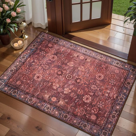 Tangsoo 2x3 Small Throw Rugs for Entryway Washable Entry Rug Non Slip, Vintage Floral Indoor Rugs Distressed Rust Red Small Carpet Soft Low Pile Boho Door Mat for Entrance Bedroom Kitchen Foyer Decor