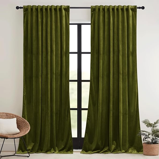 RYB HOME Moss Green Velvet Curtains 84 inches, Luxury and Soft Velvet Fabric, Spring Summer Decorative Curtains & Drapes for Patio Doory Room Window, W 52 x L 84 inches, 2 Panels Set
