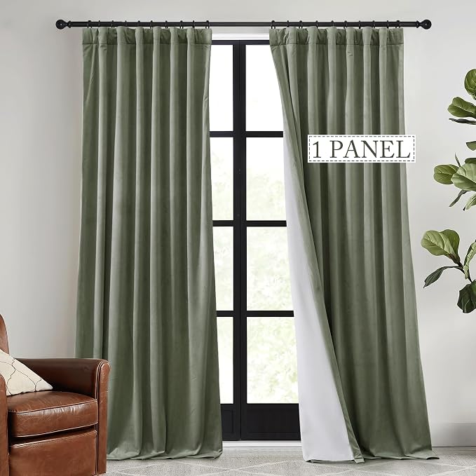 RYB HOME Sage Green Velvet Curtains 96 inch, Room Darkening Green Window Curtains with Multiple Hanging Options Heavy Duty Plush Blackout Backdrop for Bedroom Guest Room, W48 x L96 inch, 1 Panel