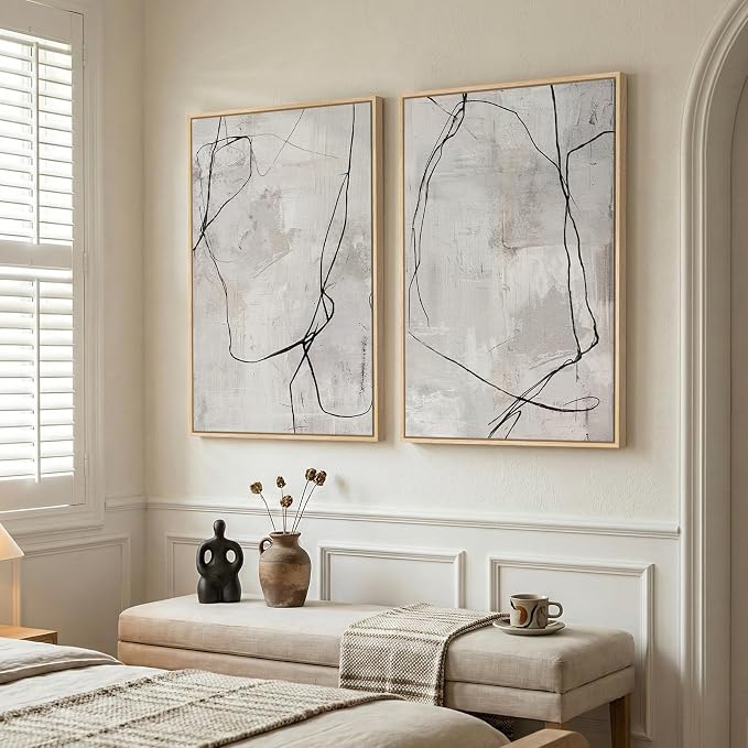 Framed Gray Abstract Wall Art for Living Room, Large Set of 2 Modern Minimalist Canvas Artwork for Walls, Contemporary Black Line Paintings Prints Wall Decor for Bedroom Dining Room Hallway, 24x36 In