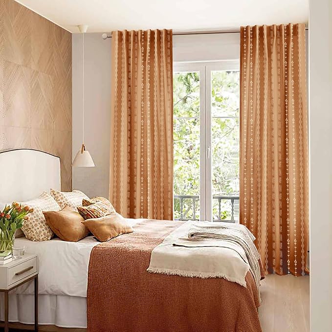 Burnt Orange Bohemian Sheer Curtains, Hippie Boho Printed Drapes for Living Room Bedroom 96 Inch Long 2 Panel Set