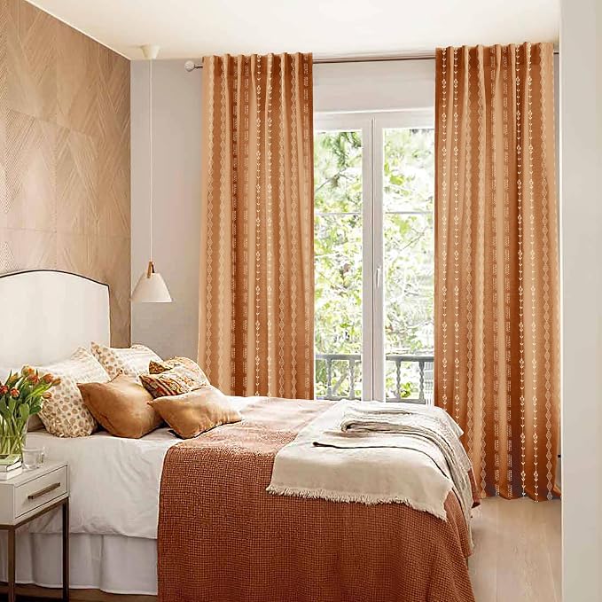 Lino Rosa 63 Inch Length Burnt Orange Boho Curtains for Living Room,Vintage Farmhouse Sheer Fall Kitchen Window Curtain Drapes 63 Inch Long 2 Panels Set