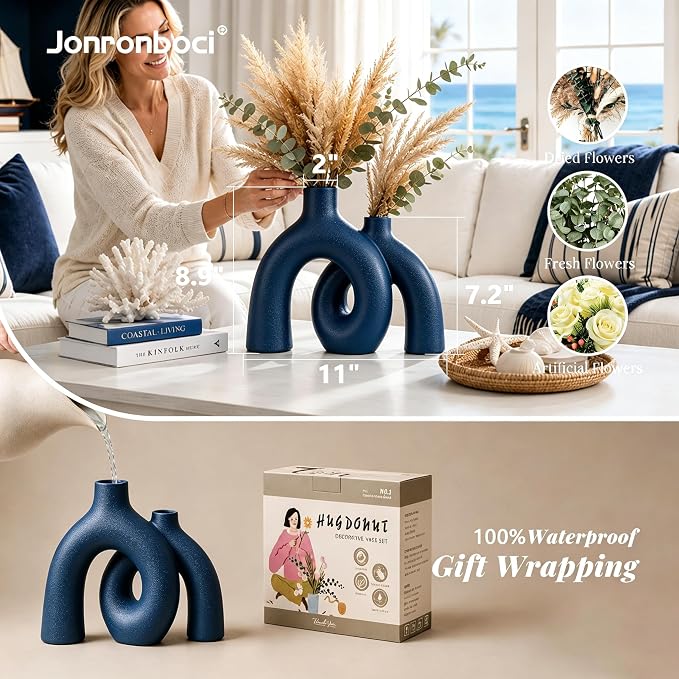 Hug Donut Decorative Vase Set - Navy Blue Vase, Modern Coastal Style Vases Home Decor, Matte Ceramic Decorations for Living Room Shelf, Bookshelf Mantle Entryway Table or Console Décor (Navy Blue)