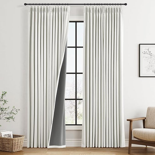 Ivory Pinch Pleated 100% Blackout Linen Curtains 90 Inch Length 2 Panels Set for Bedroom Living Room Pinch Pleat Blackout Drapes Farmhouse Rustic Room Darkening Window Curtain Panels 90 Inches Long