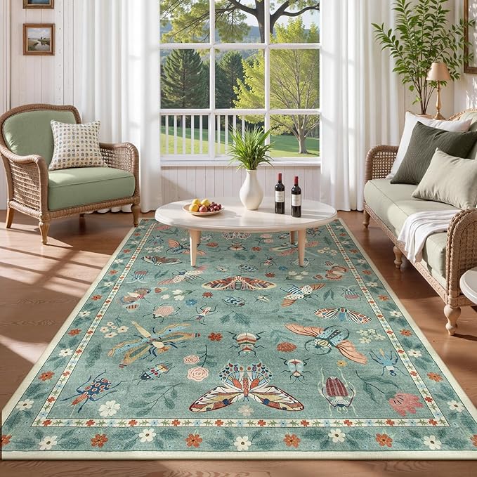 Lahome Insect Washable Area Rugs 5x7, Soft Green Rug for Living Room Bedroom Ultra-Thin Non-Shedding, Modern Stain Resistant Throw Large Carpet for Dining Room Nursery Vionnet(5'x7',Green)