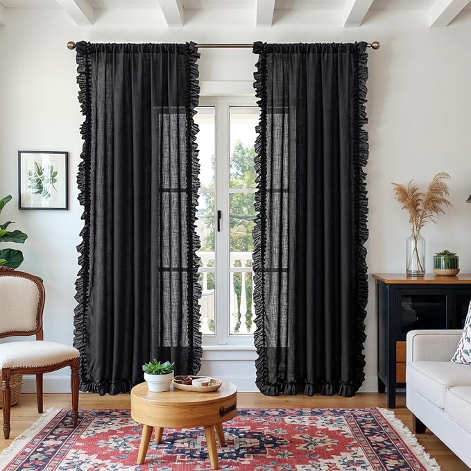 TERLYTEX Black Linen Curtains 96 Inches Long 2 Panels, 58 x 96 Inch, Farmhouse Ruffled Curtains for Living Room Rod Pocket Privacy Light Filtering Semi Sheer Cottagecore Flowy Ruffle Window Drapes