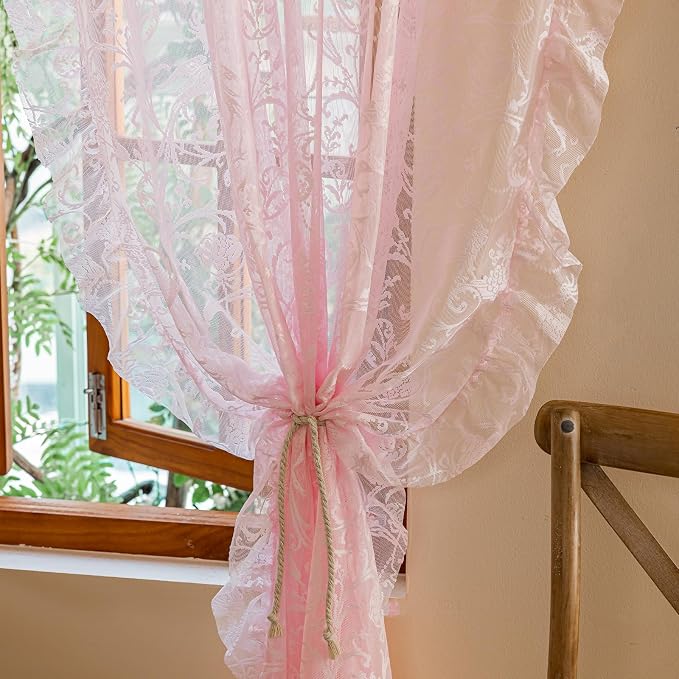 TUDECO Light Pink Lace Curtains 84 Inches Long - Coquette Romantic Floral Spring Sheer Pink Ruffle for Bedroom Set of 2, Shabby Chic Privacy Princess CuteCore Room Decor, 59 x 84 Inch