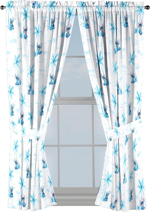 Jay Franco Window Curtains for Kids Bedroom 4-Piece Drape Set with 2 Tiebacks, White - Lilo & Stitch, 42" W x 63" L (Pack of 2)