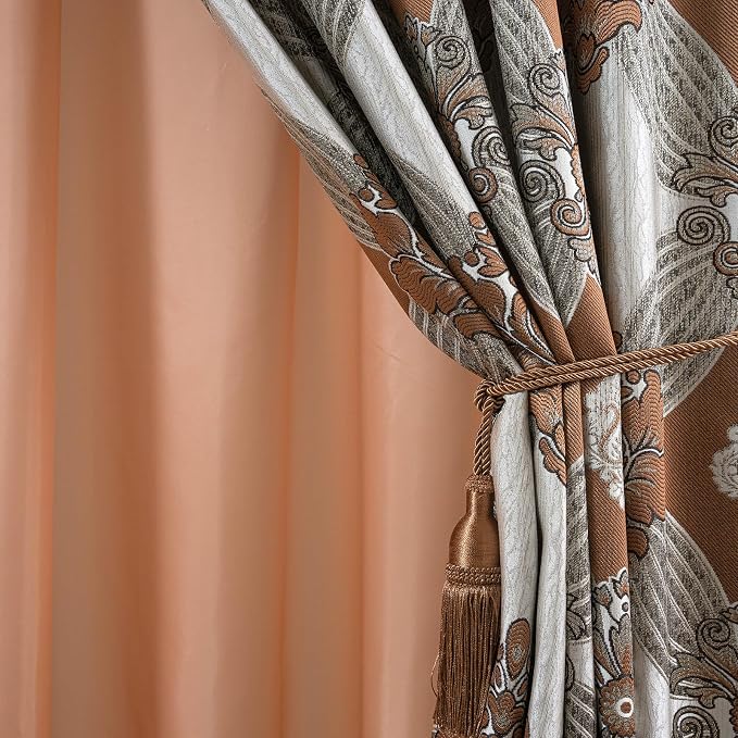 Petrichor Elegant Curtains with Gold Silver Threads 2 Panels Set - Luxury Window Treatment Attached Valance, Sheer Backing, and 2 Tie Backs for Bedroom and Living Room, 54x63 inches, Brown