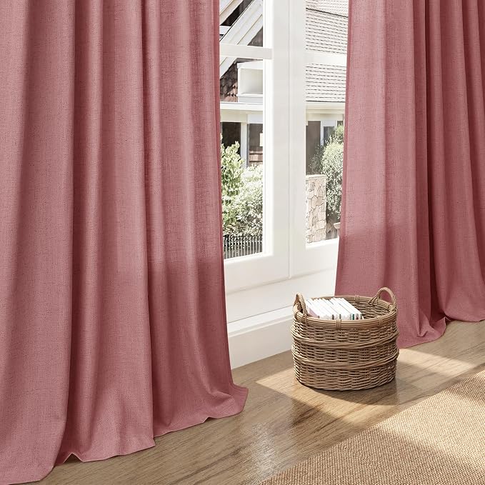 Nanspring Canyon Rose Linen Curtains 96 Inches Long 2 Panels Set for Living Room Rod Pocket Back Tab Semi Sheer Light Filtering Protect Privacy Dusty Rose Curtain for Bedroom Floor Length 52x96