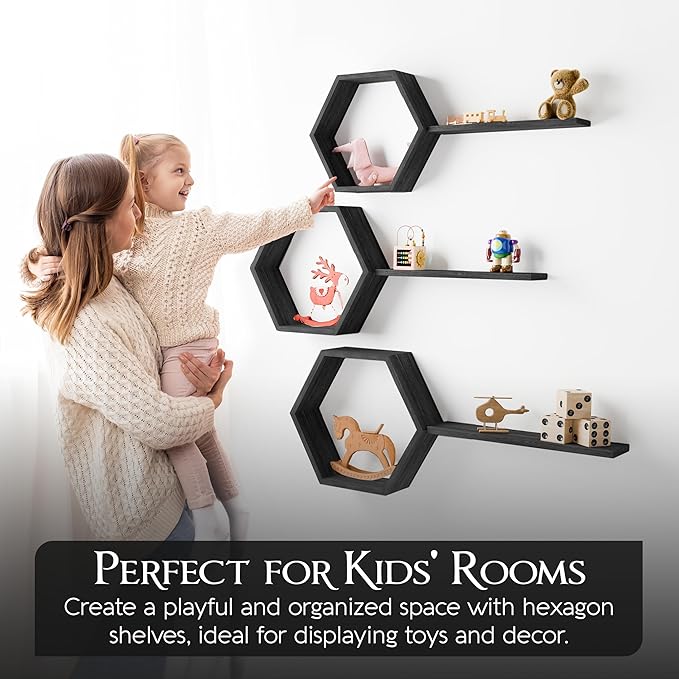 Hexagon Floating Shelves Set of 6 Honeycomb Shelves for Wall, Wooden Hexagon Shelves for Farmhouse Storage (Carbonized Black)