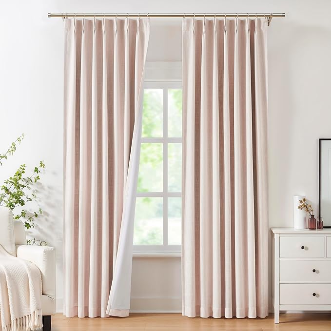 Pink Pinch Pleated Full Blackout Curtains Linen Texture Noise Reducing Window Treatment Panel 102 Inches Long for Living Room Bedroom Thermal Insulated Back Tab Drapes with Hooks, 2 Panel, 40"Wx102"L
