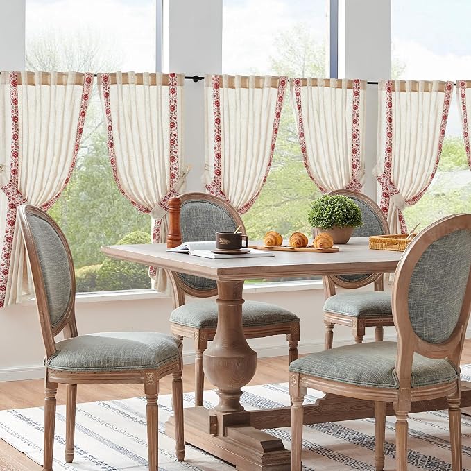 jinchan Red Floral Embroidered Linen Kitchen Curtains 54×45 Inch 2 Panels | Light filtering, back tab, rod pocket, cafe curtains for kitchen bedroom living room, cottage farmhouse, small window
