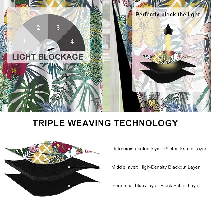 Black Out Curtains 84 Inch Long 2 Panels Set, Boho Pattern Blackout Curtains for Bedroom and Living Room, Bohemian Thermal Insulated Soundproof Grommet Room Darkening Drapes with Curtain Tiebacks