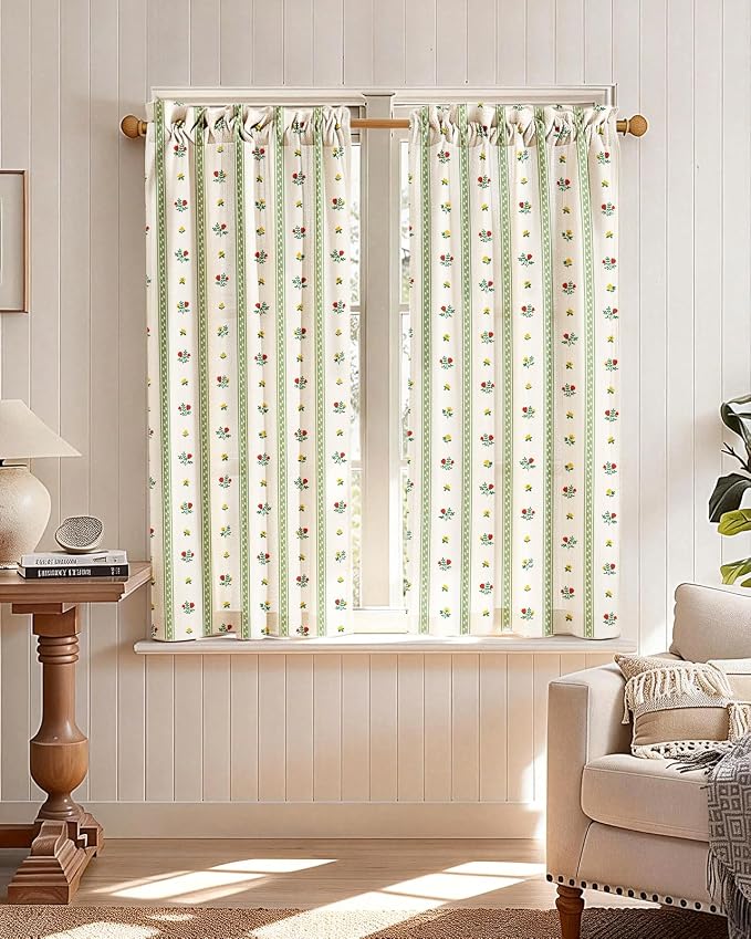Miss Adola Farmhouse Kitchen Tier Curtains - 45 Inch Length Linen Blend Floral Cafe Curtains Green Stripe Small Window Treatment Over Sink Rod Pocket for Bathroom Living Room Light Filtering, 2 Panels