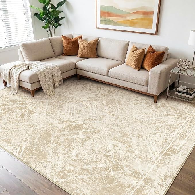 BESTSWEETIE Area Rug 9x12 Rug Machine Washable Non-Slip Low Pile Print Pattern Western Rug for Living Room Bedroom Entryway Tribal Series-Beige/Lightbrown