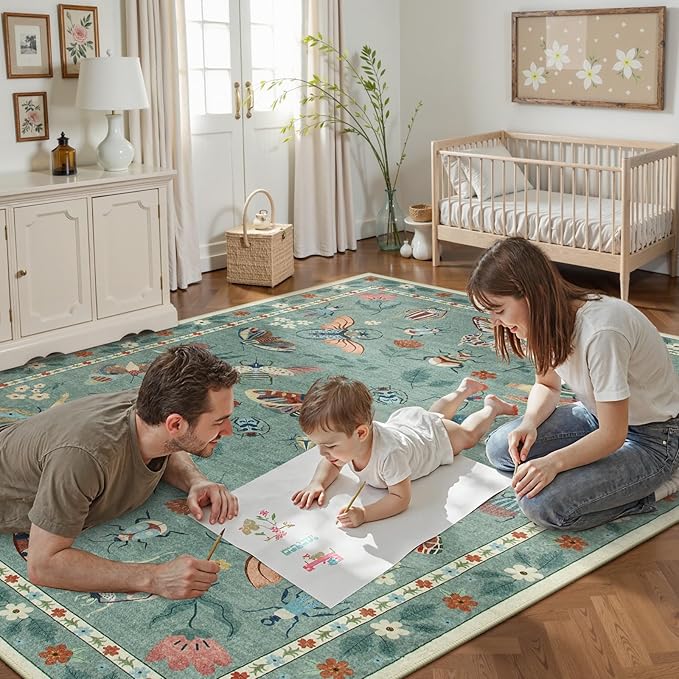 Lahome Insect Washable Area Rugs 5x7, Soft Green Rug for Living Room Bedroom Ultra-Thin Non-Shedding, Modern Stain Resistant Throw Large Carpet for Dining Room Nursery Vionnet(5'x7',Green)
