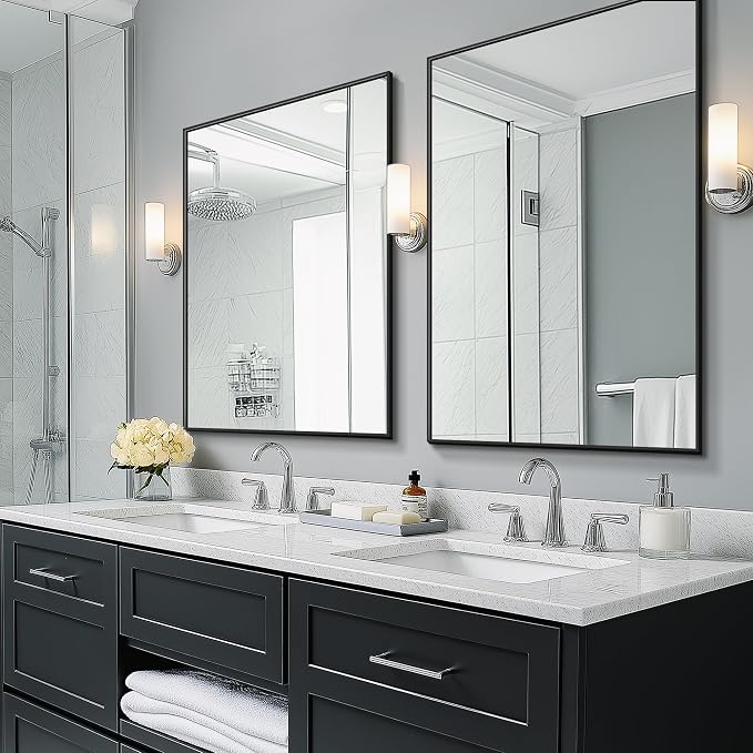 TRAHOME Bathroom Vanity Mirror for Wall, 2 Pack 36" x 24" Metal Framed Rectangular Bathroom Wall Mirror for Over Sink, HD Shatterproof Glass, Hangs Horizontally or Vertically(Black)