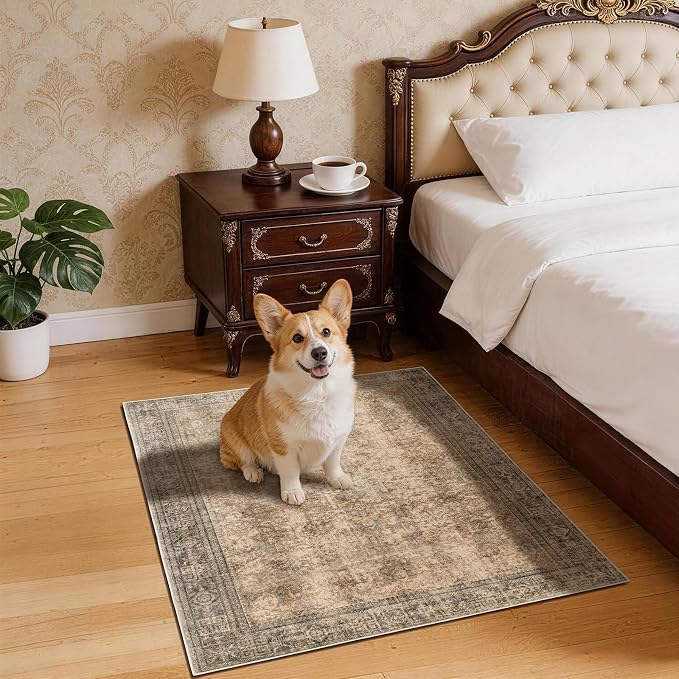LIANLAM 2x3 Washable Area Rug, Vintage Boho Traditional Pattern, Non-Slip Stain Resistant Rug for Living Room Bedroom(2x3,Brown/Boho)