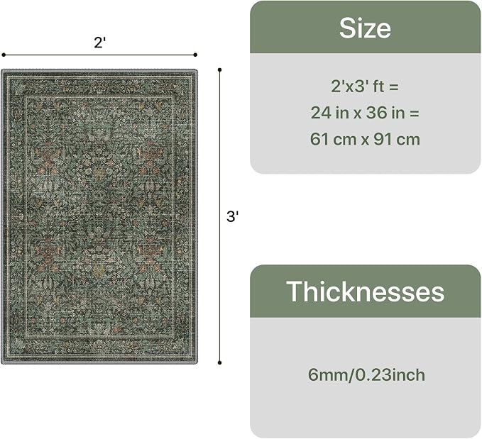 GENIMO 2x3 Washable Kitchen Rug, Non Slip Indoor Door Mat, Dusty Sage Green | Vintage Boho Floral Low Pile Entryway Mat for Bathroom, Front Door and Laundry Room