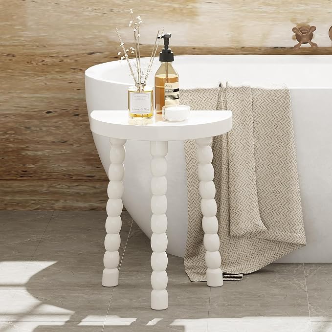 LitaEther Bobbin Side Table, Solid Wood Half Moon End Table, Small Wooden Accent Table with Chunky Turned Legs, Plant Stand for Living Room Bedroom Entryway, Modern Farmhouse Bedside Table, White