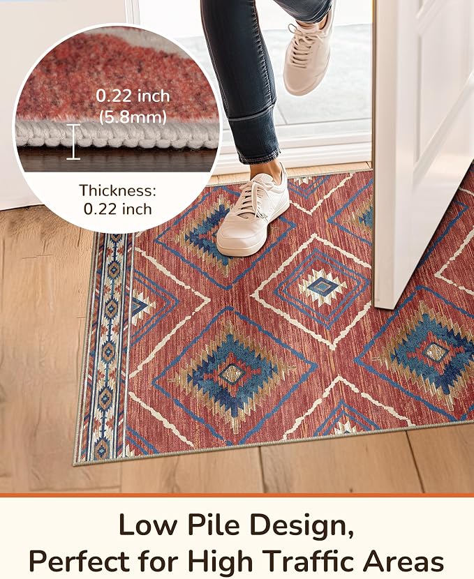 BESTSWEETIE Area Rug 2x6 Rug Machine Washable Non-Slip Low Pile Print Pattern Western Rug for Living Room Bedroom Entryway Tribal Series -Red/Orange