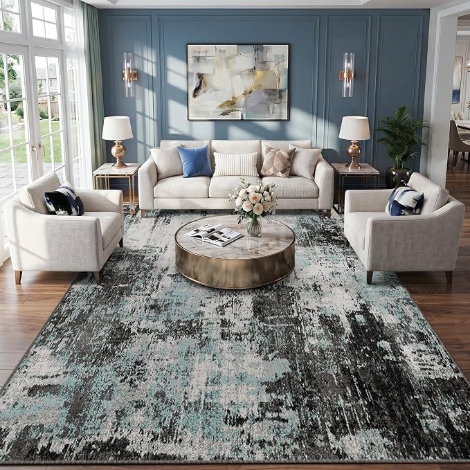 RELEANY Washable Area Rugs 10'x14 Non-Slip Modern Abstract Soft for Living Room Entryway Bedroom Kitchen, Print Pattern, Blue Black Teal